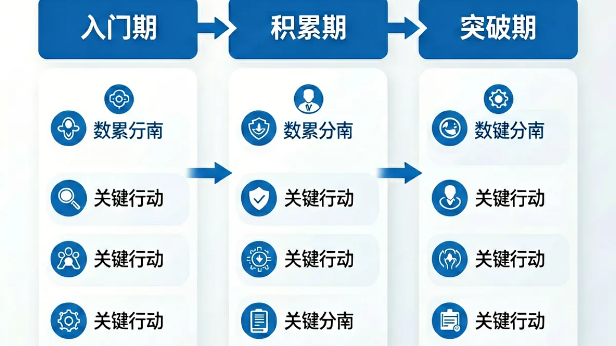 展示 xxxo 学习进阶路径的信息图，分三个阶段标注关键节点与常见卡壳位置